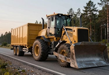 A massive low-boy trailer carrying a heavy bulldozer on a road through a Eastern European / Russian forest landscape, evening light.