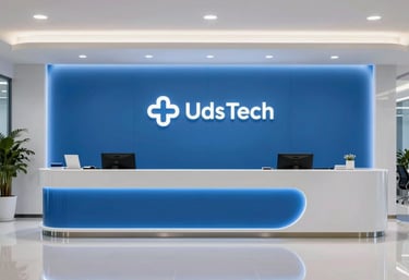 A high-end reception area of a medical tech company in the US, featuring minimalist design and professional blue lighting, reflecting innovation and trustworthiness.