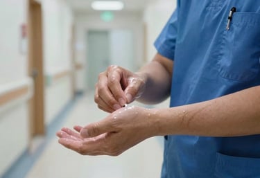 A close-up of a healthcare professional in blue scrubs sanitizing their hands in a modern, clean hospital corridor, symbolizing safety, hygiene, and professional standards.