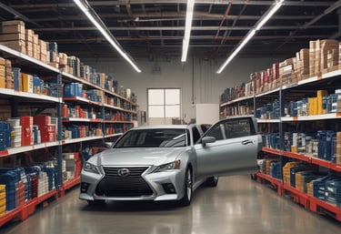 A neatly organized store shelf stocked with genuine Toyota and Lexus car parts, brightly lit and ready for customers.