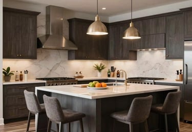 A completed luxury kitchen transformation in a North American home featuring an expansive island with breakfast seating and designer pendant lighting.