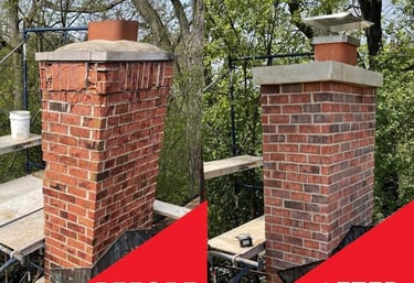 Before and after comparison of a professional brick chimney repair and masonry restoration project.