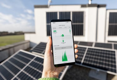 A hand holds a smartphone displaying a solar energy monitoring app in front of rooftop solar panels.