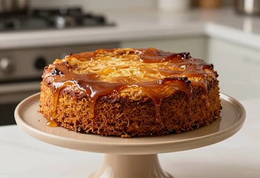 A full, round cassava cake displayed on a minimalist sandy tan cake stand. The cake has a beautiful caramelized top. Shot in a bright, modern North American kitchen setting.
