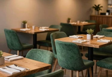 A cozy, Scandinavian-style North American restaurant interior featuring Matte Forest Green chairs, wooden tables, and warm twilight lighting.