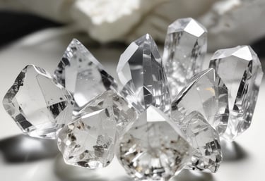 Close-up of sparkling premium quartz stones arranged elegantly on a dark surface.