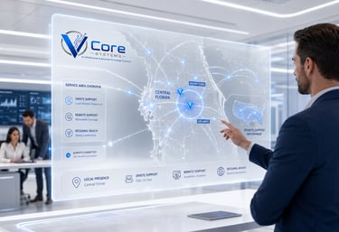 IT professional interacting with a futuristic digital interface for Core Systems managed IT services in Central Florida.