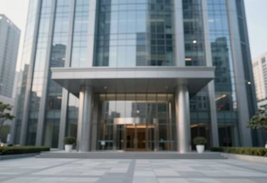 A sleek, modern corporate office skyline or building entrance, reflecting professionalism and a solid career path, in high-key lighting.