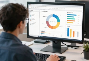 Professional team collaborating in a modern office setting with technology devices and charts.