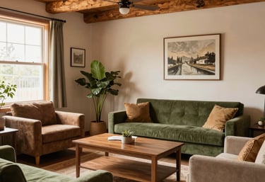 A warm, inviting office space in a Northwoods-style building with natural wood accents and a friendly consultant meeting with small business owners.