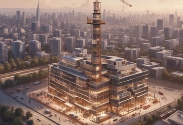 A busy construction site with workers and machinery actively building a modern structure.