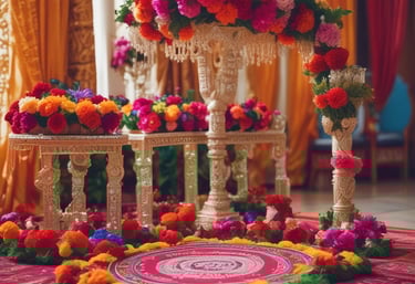 A lively wedding ceremony set against a backdrop of colorful Indian decor and joyful guests.