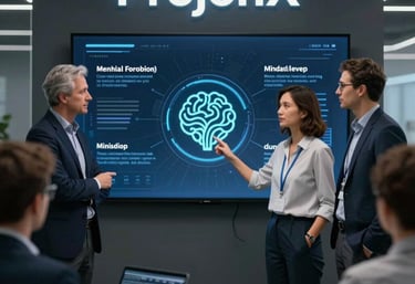 A sleek futuristic office with holographic data displays and a team collaborating on AI-driven business projects.