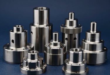 Display of various high-precision machined parts on a dark blue background. Professional studio lighting, highlighting metallic textures.