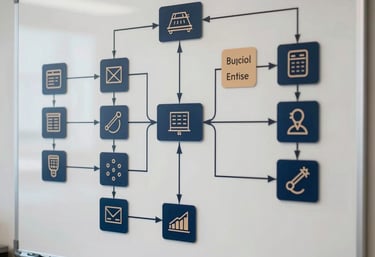A flow chart on a digital whiteboard in an engineering office. Sharp focus on technical icons and connecting lines. Palette of navy and tan.