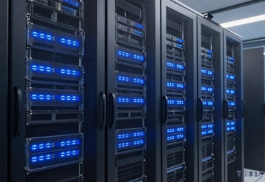 A clean, bright photograph of a modern server room with muted blue glowing lights, representing secure and advanced digital transformation infrastructure.