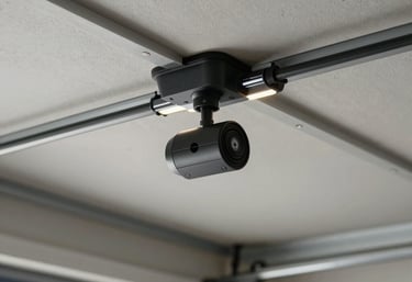 A photograph of a modern, quiet belt-drive garage door opener installed on a residential garage ceiling, with clean wiring and LED lighting.
