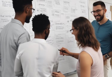 A diverse team collaborating around a whiteboard filled with agile workflow notes.