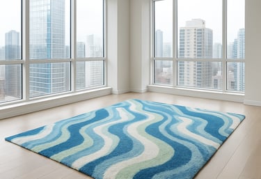A technician carefully steam cleaning a plush carpet in a stylish Los Angeles living room with palm trees visible through the window.