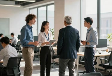 A striking corporate lifestyle photograph of a professional team collaborating in a modern coworking space in Estonia. Sunlight streaming in, clean lines, professional atmosphere.