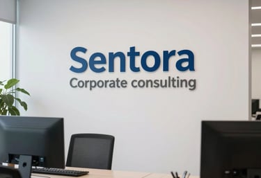 A high-end corporate photograph of clean office environments in Dubai, representing Sentora corporate consulting, bright lighting with subtle blue accents, professional.
