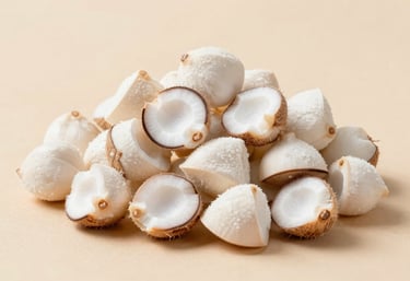 Clean, bright photography of dried coconut kernels (copra) piled elegantly. The focus is on the moisture-free texture and white interior of the kernels. Minimalist style with soft earth-tone backgrounds in a Southeast Asian / Indonesian setting.