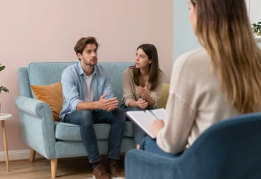 A calm, serene therapy room with comfortable chairs and soft natural light.