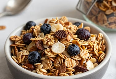 Close-up of a rustic wooden table displaying an assortment of handmade petit fours, brownies, granola jars, and colorful desserts arranged invitingly.