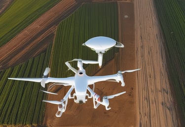 Close-up of a drone pilot operating controls with a city skyline in the background.