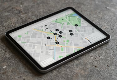 A photograph showing a digital tablet displaying a clean map with property markers, sitting on a stone-colored textured surface.