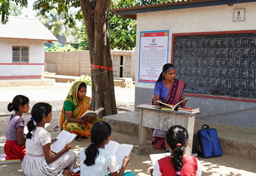 Children in a rural classroom eagerly engaging with their teacher.
