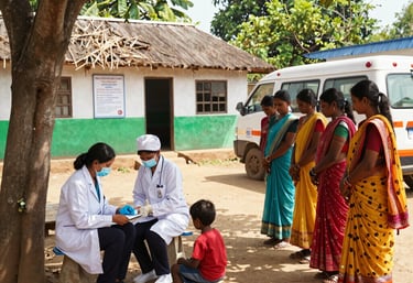 A group of volunteers warmly interacting with local families in an Indian village.