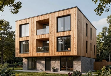 A photography shot of a modern residential building featuring large windows and sustainable timber cladding, surrounded by green trees in a Northern European landscape.