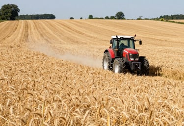 Contour lines and GNSS correction signals overlaid on a stylized Madhya Pradesh farmland mosaic.