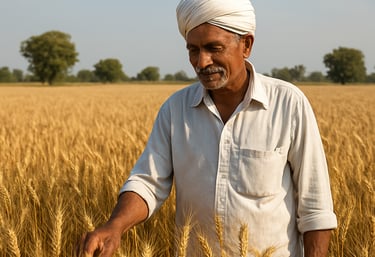 Contour lines and GNSS correction signals overlaid on a stylized Madhya Pradesh farmland mosaic.