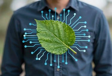 A symbolic image of a green leaf transforming into a digital circuit, representing the eco-friendly transition to paperless billing, using #ADC8CD and #2D545E.