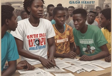 Young Liberian men and women collaborating in a leadership training session outdoors.