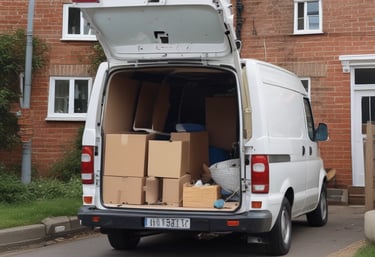 A friendly team loading furniture and boxes into a clearance van outside a cozy Loftus home.