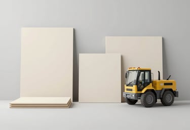 Sustainable construction materials and site equipment viewed in a clean, minimalist composition, featuring a palette of creams and greys.