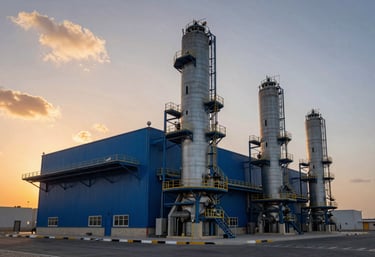 Exterior of a modern industrial facility in Dammam, Saudi Arabia, at sunset, warm sky contrasting with industrial blue and cloud grey steel beams.