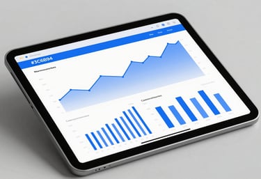 An image of a high-tech digital tablet showing financial analytics and graphs. The lighting is crisp, and the interface features professional blues (#3C6B94) and whites (#F5F8FA).