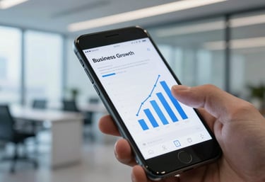 A macro shot of a hand using a modern smartphone to review a business growth chart, set against a blurred background of a sleek North American office during the afternoon, with cool light blue tones.