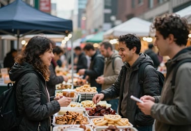 A bustling modern food market in a North American / Western European city, with soft focus on happy people interacting over artisanal food stalls.