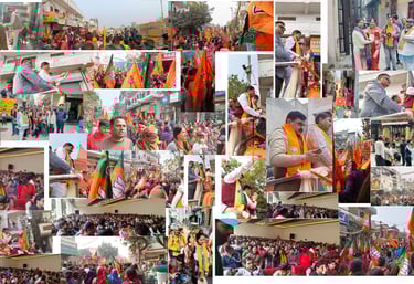 A collage showing Bharatiya Janata Party (BJP) supporters at political rallies with saffron flags and orange scarves.