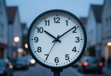 A stylized, professional clock or a blurred night-view of a Central European / German residential street, representing 24/7 availability. Tones of Dark Slate Blue and Light Sky Blue.