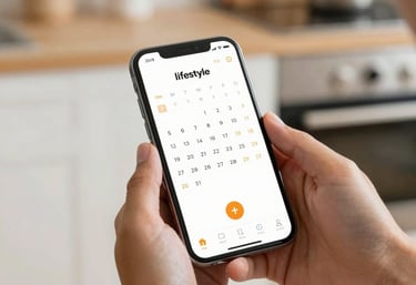 Person holding a smartphone displaying a lifestyle calendar app for daily schedule planning in a kitchen.