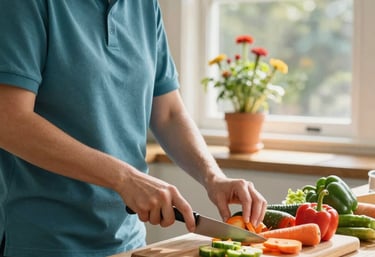 A person smiling while slicing fresh vegetables on a wooden cutting board for a healthy meal.