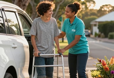 A smiling caregiver assists a person with a walker exiting a white car during home care transport.