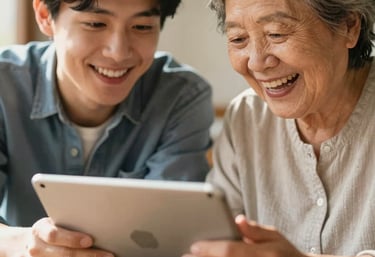 A smiling young man and an elderly woman looking at a digital tablet together indoors.