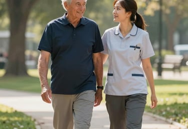 A caring support worker gently helping a participant with morning routine.